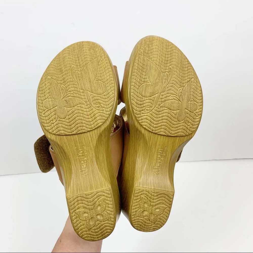 Alegria Linn Clog Floral Embroidered Tan Leather Wedge Sandals